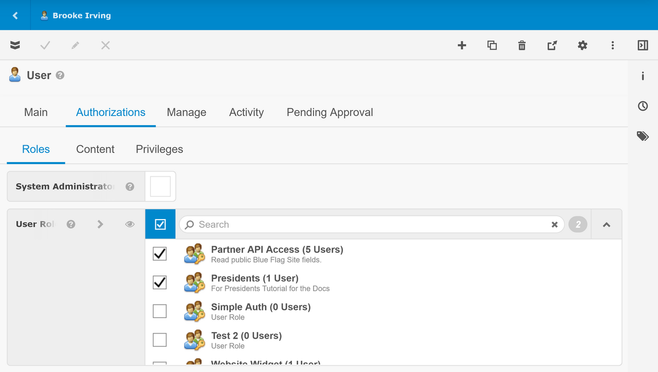 User View - Authorizations Tab